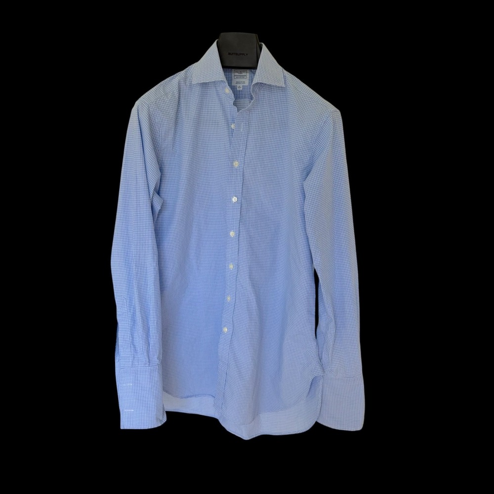 Hackett London Blue White Micro Check Cotton Shirt Spread Collar Size 15 38cm